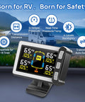 RV Tire Pressure Monitoring System TPMS Sensors Kit Set of 4 For Travel Trailers And Motorhomes, Wireless Tire Monitoring, Real Time Alerts, Easy Install, Durable, Keeps Your Wheels Safe On The Road. 4-sensor LCD display