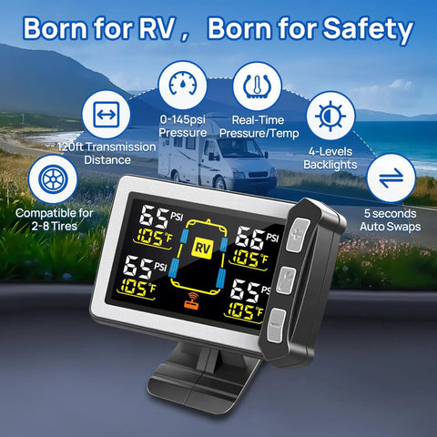 RV Tire Pressure Monitoring System TPMS Sensors Kit Set of 4 For Travel Trailers And Motorhomes, Wireless Tire Monitoring, Real Time Alerts, Easy Install, Durable, Keeps Your Wheels Safe On The Road. 4-sensor LCD display
