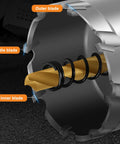 Close-up of Beefy Built Tough Tungsten Carbide Tipped Hole Saw with labeled outer, middle, inner blades for stainless steel and metal.