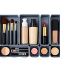 8 Piece Interlocking Drawer Organizer Trays Set In Light Gray Plastic, holding makeup items, non-slip modular storage bins