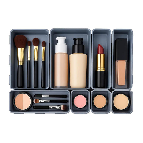 8 Piece Interlocking Drawer Organizer Trays Set In Light Gray Plastic, holding makeup items, non-slip modular storage bins