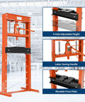 Workhorse 20 Ton Hydraulic Shop Press With H Frame Design Adjustable Working Table Height Two Plates Garage Floor Ready Model Orange Finish Built For Auto Repair Metal Fabrication And Home Workshops with adjustable height and labor-saving handle.