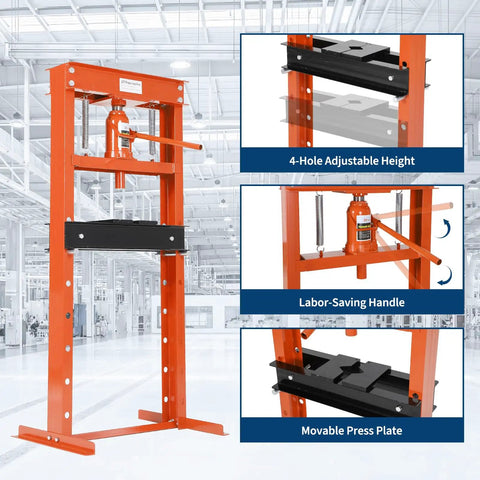 Workhorse 20 Ton Hydraulic Shop Press With H Frame Design Adjustable Working Table Height Two Plates Garage Floor Ready Model Orange Finish Built For Auto Repair Metal Fabrication And Home Workshops with adjustable height and labor-saving handle.
