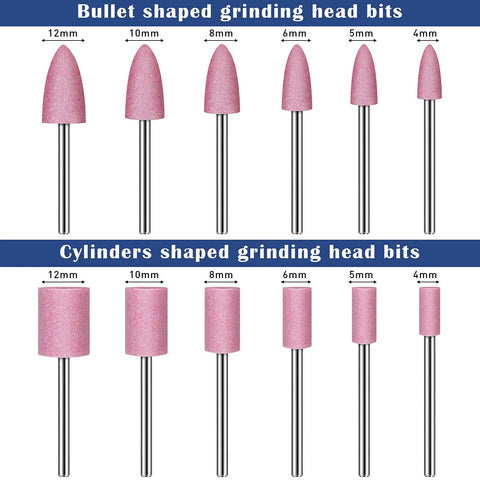 Bullet and cylinder shaped grinding bits from the 36 Piece Shank Mounted Abrasive Stone Grinding Points Set For Rotary Tools One Eighth Inch Shank In Three Colors Two Shapes Six Sizes With Plastic Box Go To Finishing Kit.