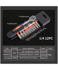 Top Shelf Chrome Vanadium Socket Wrench Set With Ratchet Handle And Extension Bar For Home Repair Precision Metric Sockets In 1/4 3/8 Or 1/2 Inch Drive Built Hella Tough For Every Weekend Warrior - 1/4 ratchet wrench and metric sockets.