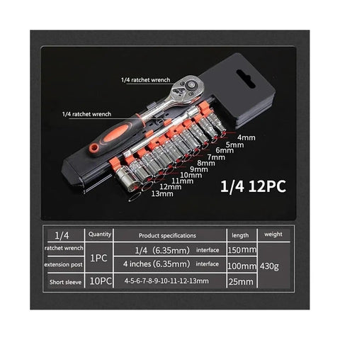 Top Shelf Chrome Vanadium Socket Wrench Set With Ratchet Handle And Extension Bar For Home Repair Precision Metric Sockets In 1/4 3/8 Or 1/2 Inch Drive Built Hella Tough For Every Weekend Warrior - 1/4 ratchet wrench and metric sockets.