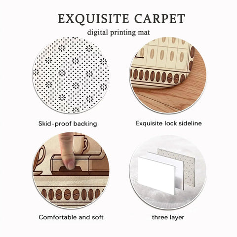 Vintage Coffee Kitchen Floor Mats Rustic Brew Station Rugs Soft Cushioned Washable Comfort Non Slip Anti Fatigue 3 Piece Set with skid-proof backing.