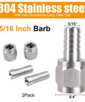 Stainless Steel Hose Swivel Nut Barb Fittings 2 Pack Five Sixteenth Inch Barb Connectors For Ball Lock And Pin Lock Kegging Systems MFL Quick Disconnects Corny Keg Fit CO2 Regulator Hose Adapter, 304 stainless, 5/16 barb