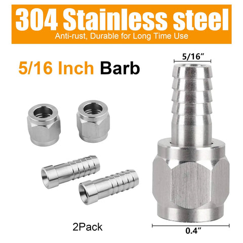 Stainless Steel Hose Swivel Nut Barb Fittings 2 Pack Five Sixteenth Inch Barb Connectors For Ball Lock And Pin Lock Kegging Systems MFL Quick Disconnects Corny Keg Fit CO2 Regulator Hose Adapter, 304 stainless, 5/16 barb