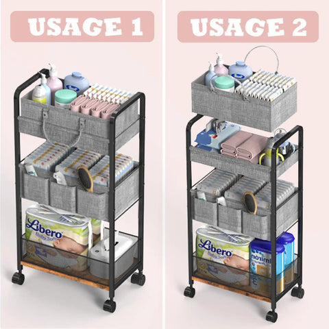Two usage styles of Three Tier Rolling Baby Diaper Caddy And Organizer Cart On Wheels With Dividers, showcasing different storage options.