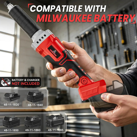 Heavy Duty Cordless Die Grinder Featuring A Zippy 26000 Rpm Brushless Motor, Slick One Quarter Inch Chuck, Compatible With Milwaukee 18V Batteries, Cranks Through Rust, Smooth Grinding And Polishing with a hand holding the tool.