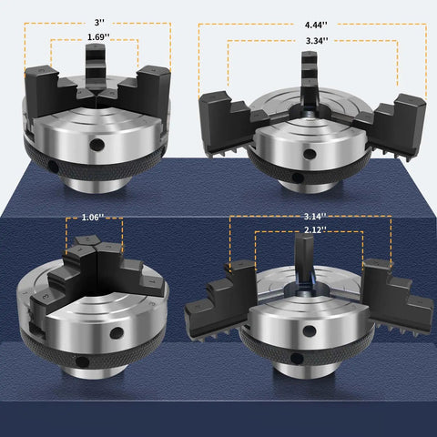 Detailed views of a Three Inch Wood Lathe Chuck Set With Self Centering Three Jaws For Precise Turning Pro Grade Grip 1 By 8 TPI Thread
