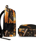 Side and top view of Sunset Rider Printed Unisex Backpack With Large Capacity, Durable Polyester, showing motorcycle print.
