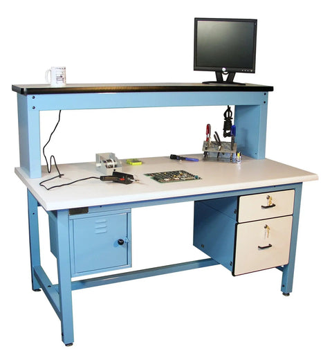 Solid Modular Technical Workbench With ESD Laminate Surface, 60 By 30 Inch Drop In Ready Station with monitor and tools.