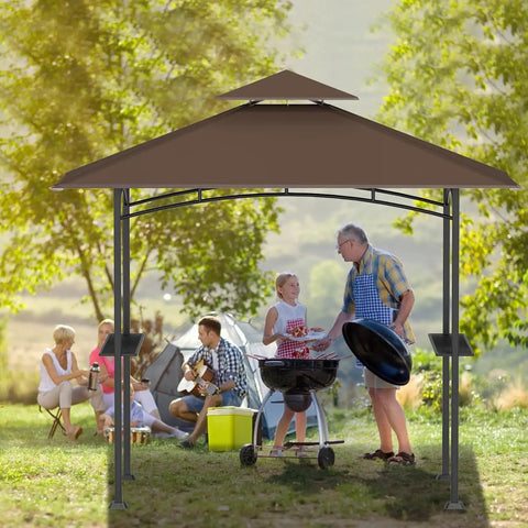 5X8 Replacement Canopy For Grill Gazebo Double Tiered All Weather No Sweat Easy Fit Outdoor BBQ Shelter Roof Cover Brown Weatherproof Polyester