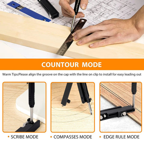 Using Multi-Function Scribing Tool For Woodworking And DIY Projects with ruler on wood, showing scribe, compasses, and edge rule modes.
