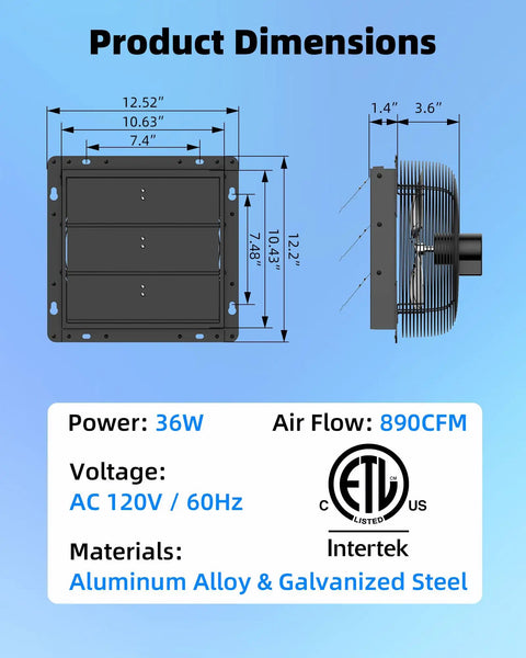 Dimensions and specifications of Upgraded 10 Inch Shutter Exhaust Fan With Thermostat And Remote for various use cases.