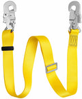 Yellow hunting safety belt with adjustable lanyard for tree climbing and deer stand setup, heavy-duty restraint lanyards.