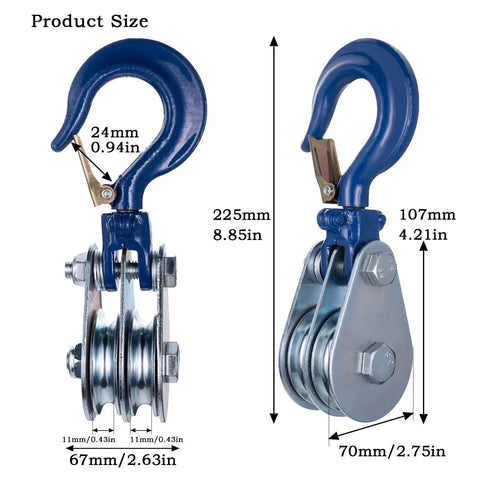 1 Ton Double Cable Pulley Block Hoist With Hook, dimensions shown, durable 45 steel, for home workshop or jobsite lifting