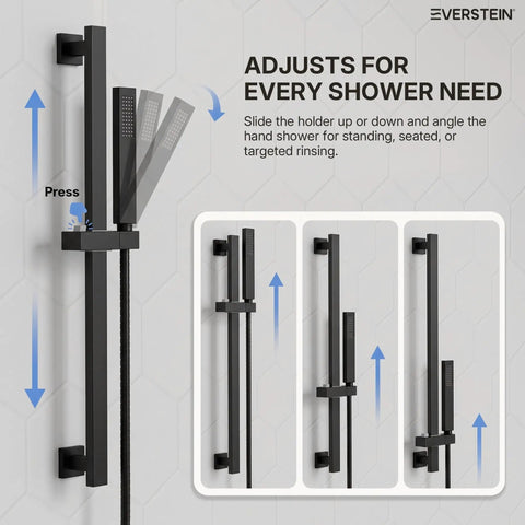 EVERSTEIN Shower System with Handheld Spray, adjustable slide bar for optimal hand shower positioning in matte black.