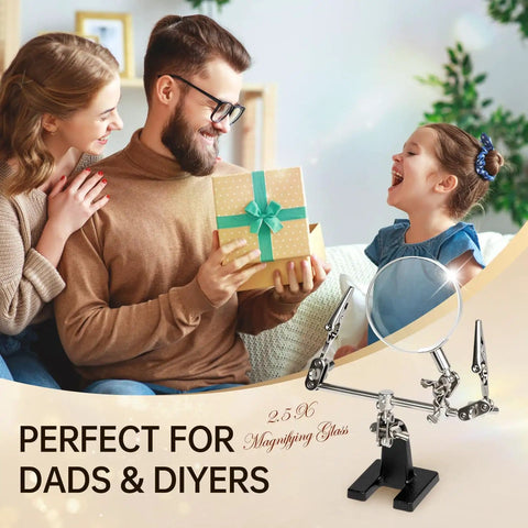 Hands Free Magnifier Station With 2.5X Glass Lens Dual Adjustable Alligator Clips On 4 Way Swivels Heavy Base for crafting gift.