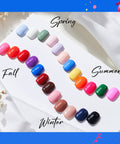 Gel Nail Polish Set With 24 Vivid Colors, showcasing color swatches for Spring, Summer, Fall, and Winter on a white card.