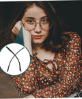 Woman wearing glasses with image of replacement eyeglass arms for quick repair of eyewear and sunglasses, TR90 material.