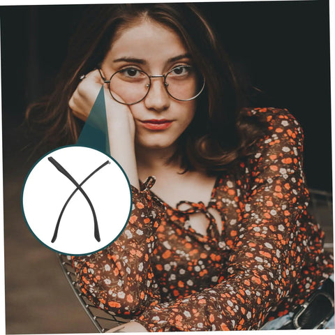 Woman wearing glasses with image of replacement eyeglass arms for quick repair of eyewear and sunglasses, TR90 material.