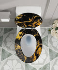 Elongated Resin Toilet Seat for Bathroom with black and gold marbled design on a round toilet, measures 14.5" x 18.5".