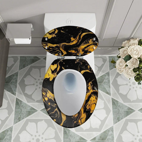 Elongated Resin Toilet Seat for Bathroom with black and gold marbled design on a round toilet, measures 14.5" x 18.5".