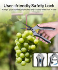 Six Point Five Inch Pruning Shears Set cutting green grapes, ergonomic handles, rust resistant, safety lock visible