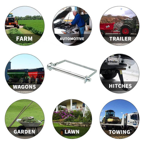 Heavy Duty 15 Piece One Quarter Inch Locking Pin Set For PTO And Trailer Hitch Couplers Zinc Coated Steel Wire Lock Pins Durable All Weather Construction Rust Resistant Includes 3 Inch Pins For Quick Secure Fit shown with usage in farm, automotive, trailer, hitches, wagons, garden, lawn, towing.