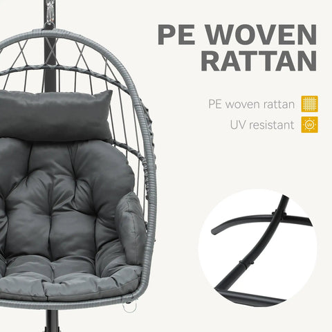 Egg Chair With Stand For Indoor And Outdoor Use, Hanging Rattan Wicker Swing Chair With Cushion, 300 lb weight capacity, gray.
