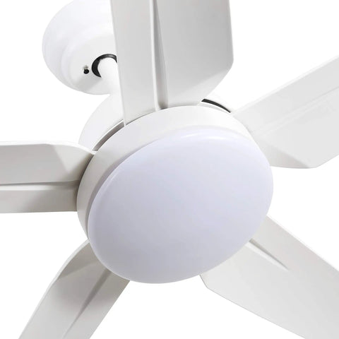 White blades and LED light of 52 Inch Indoor Ceiling Fan With LED Light Kit Remote Control Bronze Motor 5 Wood Blades White Finish Room Ready