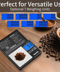 Image showing the 500G Digital Gram Scale High Precision 0.01G With Level Bubble in use, weighing coffee grounds. Display shows optional units.