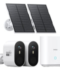 Solar Powered Wireless Outdoor Security Camera Kit, 2 Camera System With 2K QHD Video, shown with solar panel and base unit