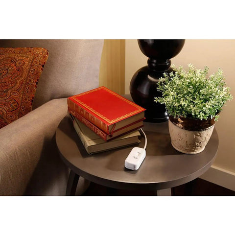 Credenza LED Plus 100 Watt Plug In Lamp Dimmer Switch on table, next to books and plant, no wiring needed, black finish