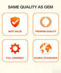 Infographic showing quality assurance badges for automotive parts, featuring premium quality, best value, full assembly, and global standards.