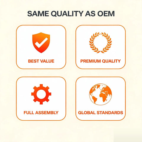 Infographic showing quality assurance badges for automotive parts, featuring premium quality, best value, full assembly, and global standards.