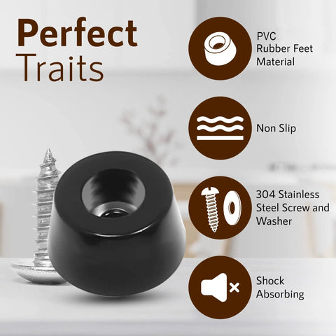 60 Piece Grippy Rubber Feet Set For Cutting Boards And Kitchen Appliances 0.59 x 0.31 Inches With 304 Stainless Steel Screws And Washers PVC Non Slip Bumper Pads For Furniture And Home Use showing PVC material and screw details