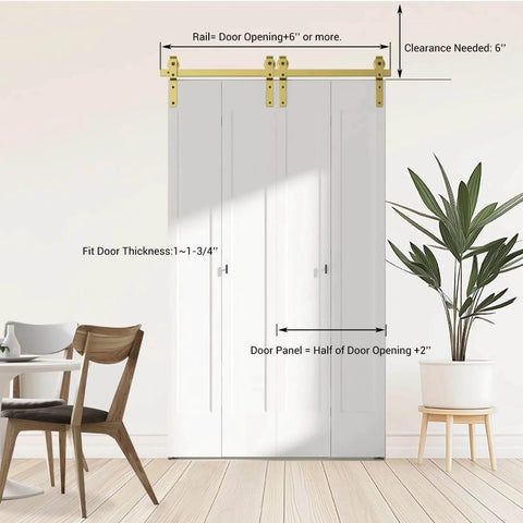 Golden 84 Inch Double Bifold Sliding Barn Door Hardware Kit For Closet Doors with top mount, side mount, glides, no door included