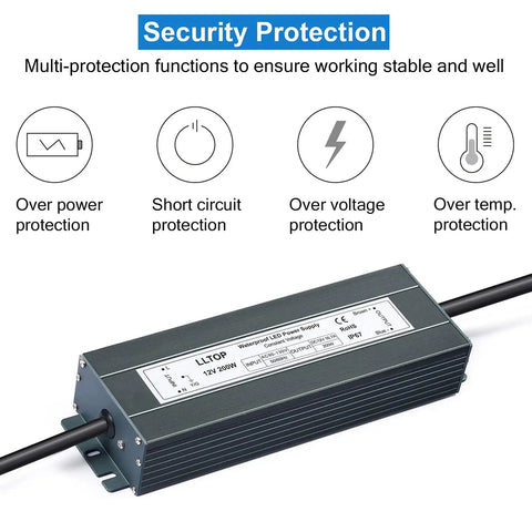 Heavy Duty Low Voltage Transformer 200W IP67 Waterproof LED Driver Power Supply showing security protection features
