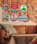 Badass Vintage Tin Sign Featuring Classic Sinclair Gasoline Poster Round Galvanized Metal Wall Art on brick wall above couch