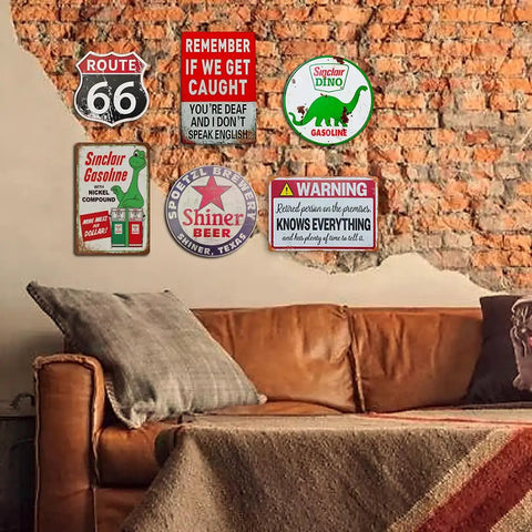 Badass Vintage Tin Sign Featuring Classic Sinclair Gasoline Poster Round Galvanized Metal Wall Art on brick wall above couch