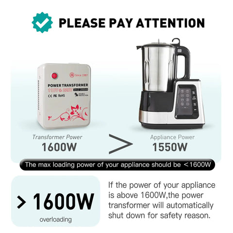 Heavy Duty 2000W Step Up Transformer 110V To 220V Voltage Converter for appliance safety use, showing power guidelines.