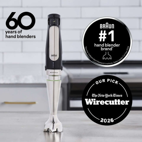 Badass 3-In-1 Hand Blender And Food Processor Featuring Intuitive Smart Speed Tech on a kitchen countertop with awards.