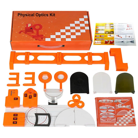 Hands On Optics Lab Kit For Refraction And Reflection Of Light With Convex Lens And Small Hole Imaging Set components shown