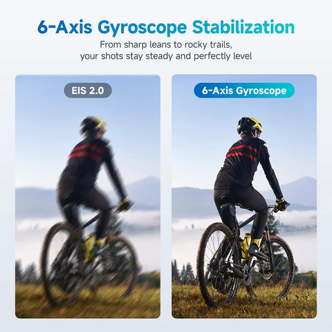 Comparison of EIS 2.0 and 6-axis gyroscope stabilization while biking with 4K POV Wearable Camera For Daily Vlogging And Outdoor Adventures.