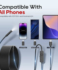 Pro-Grade Endoscope Camera With Light For Android And iOS showing compatibility with USB-C, Micro-USB, and Lightning connections.