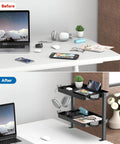 Clamp On Desk Organizer 2 Tier Above Or Under Desk Shelves With Large Capacity Tray Space Saving Phone And Tablet Holder And Headphone Hook No Drilling Desktop Storage For Office And Home shown before and after use.